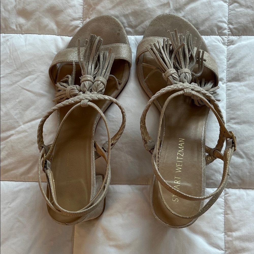 Stuart Weitzman Cream Sparkly Sandals with Tassel Detail